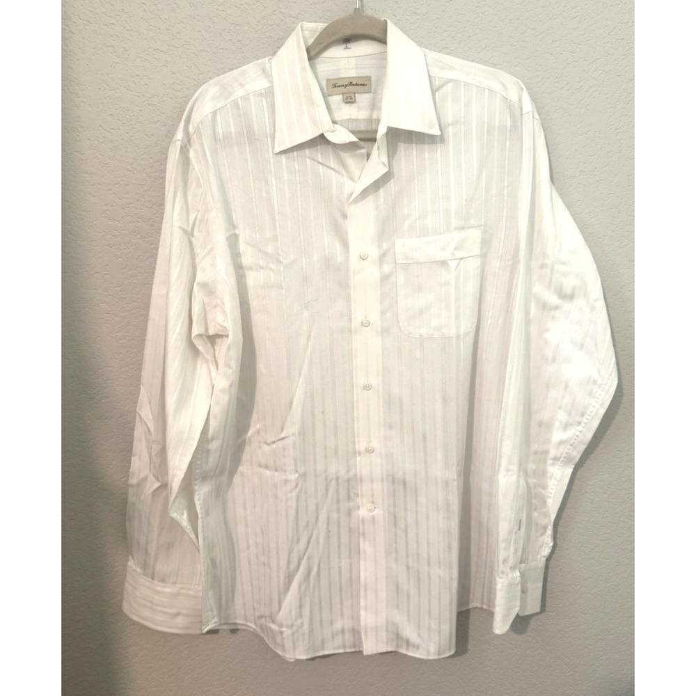 Tommy Bahama White Striped Cotton Button Up Long Sleeve Dress Men's 15 1/2 34-35